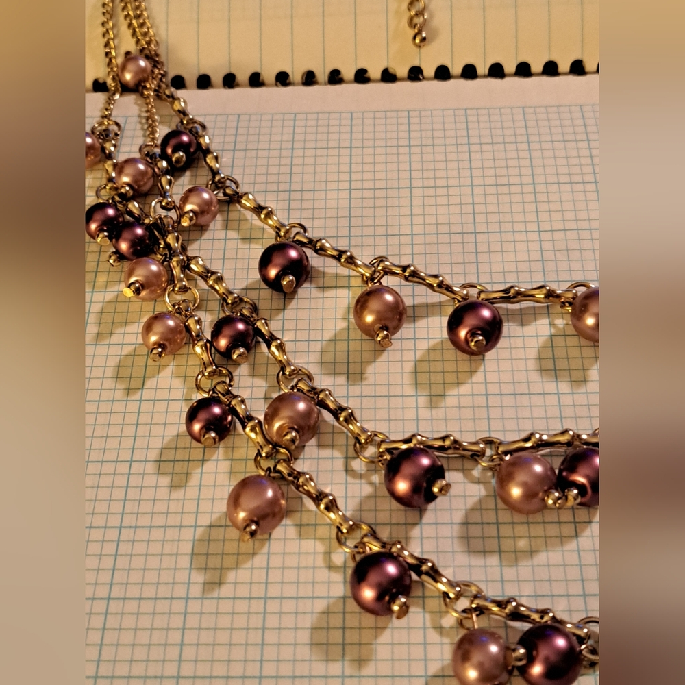 Pink Champagne And Burgandy Wine Pearl And Gold Multistrand Necklace - Picture 5 of 6